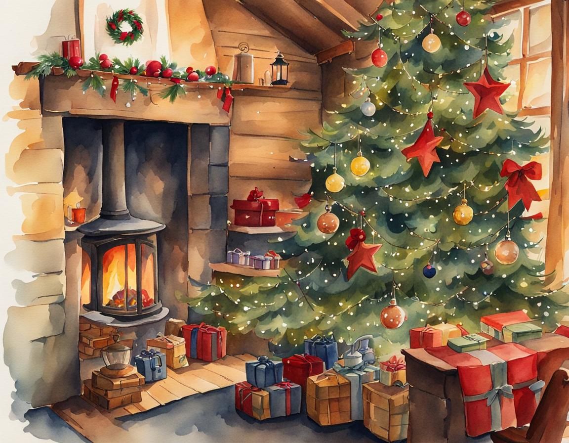 Cozy Christmas Cabin Interior: Watercolor Illustration