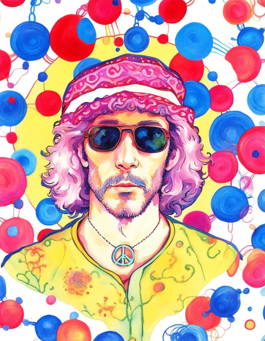 Hippie in Psychedelic Explosion with Peace Pendant