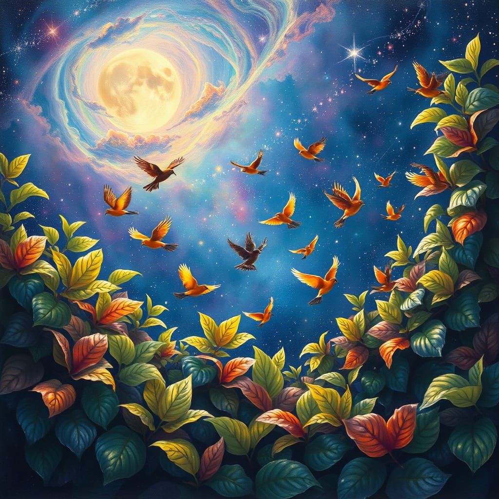 Birds in Vibrant Harmony Amidst Lush Starlit Leaves