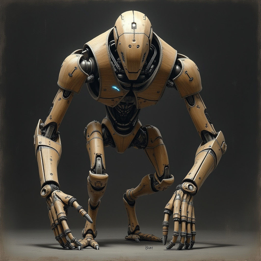 Hyperdetailed Wooden Robot Charcoal Drawing