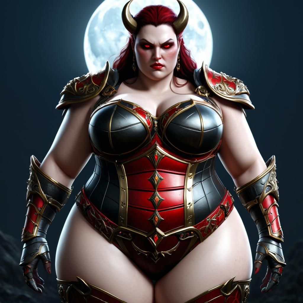 Armored Plus-Size Woman with Red Eyes