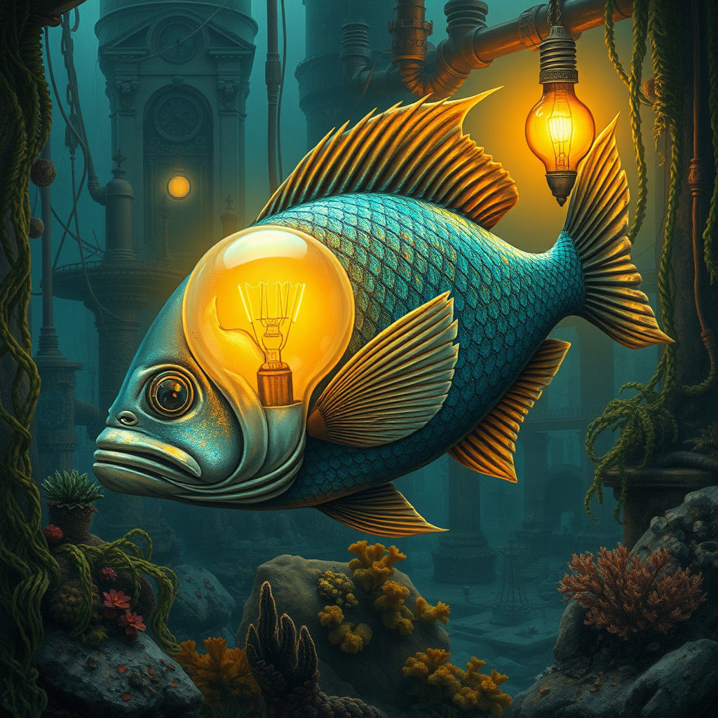 Fish Embracing Lightbulb in Underwater Cityscape