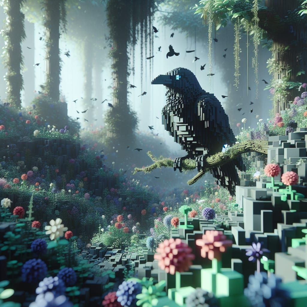 Photorealistic Raven in Lush Pastel Forest