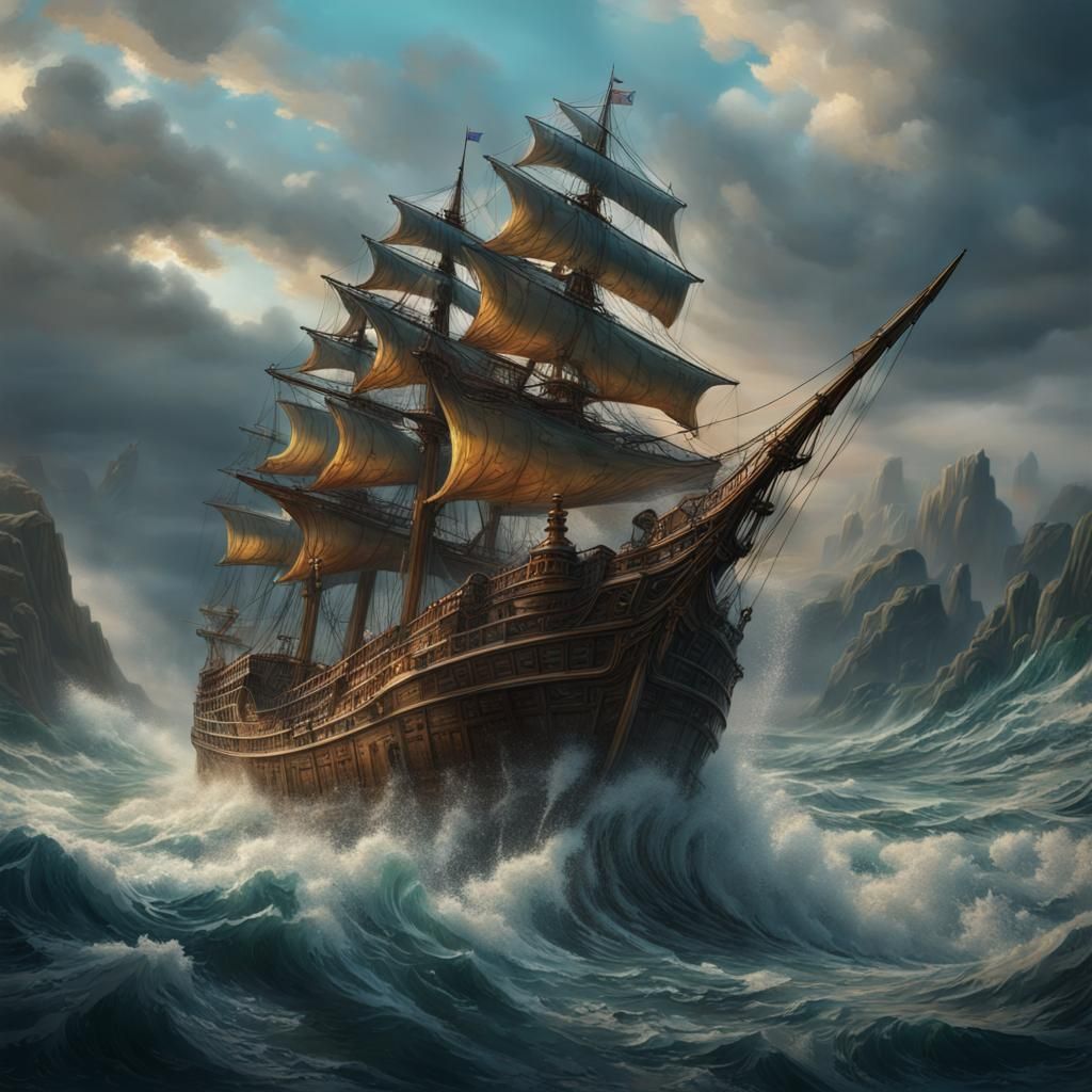 Ship Emerges from Painting with Realistic Waves