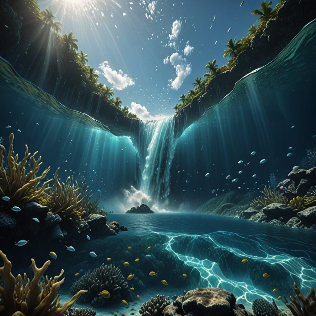 Realistic Underwater Waterfall with Cinematic Lighting