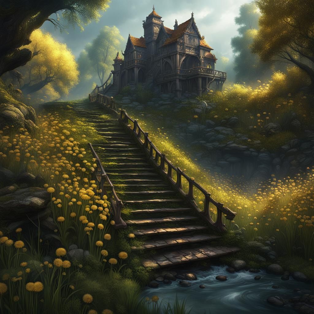 Forest Staircase by River in Detailed Matte Painting