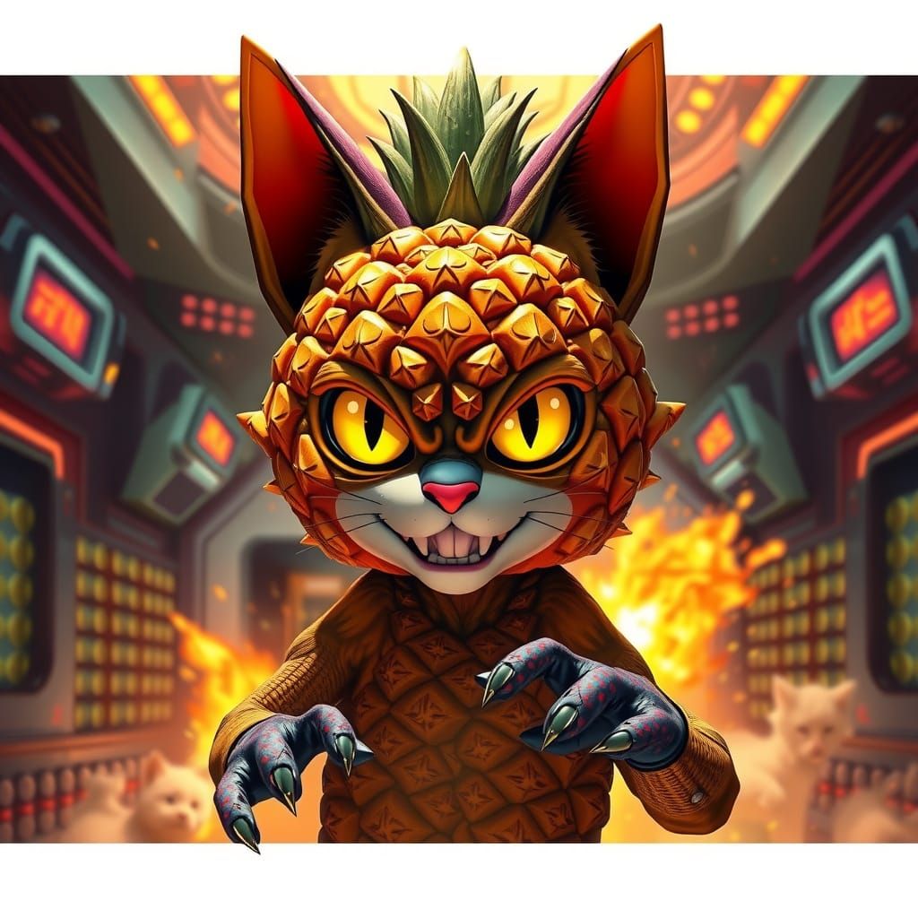 Vibrant Pineapple Feline Hero in Cyberpunk Comic Book Style