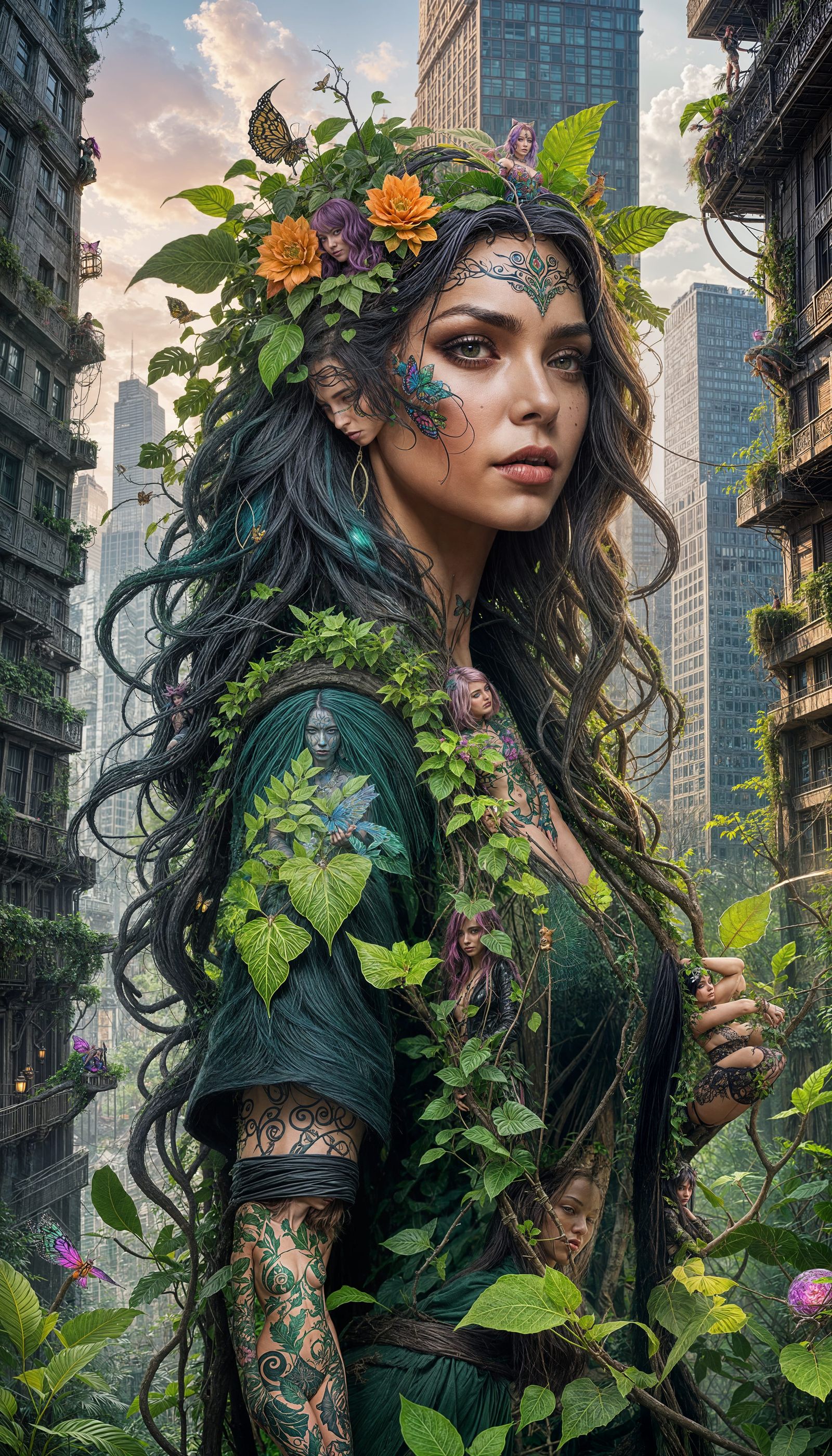 Sorceress in Urban Jungle with Bioluminescent Flora