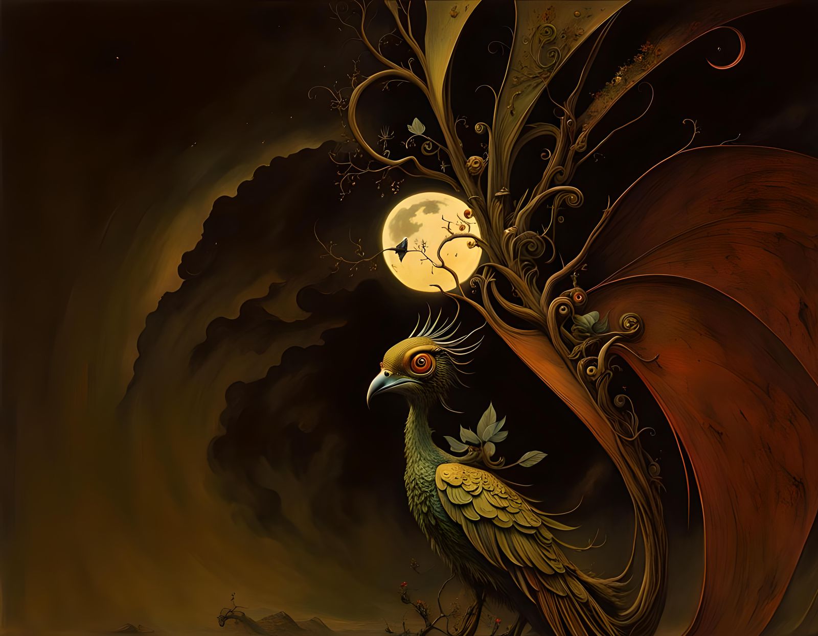 Fantastical Nightbird in Surrealist Painting Style