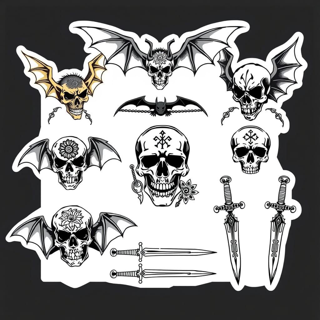 Vintage Flash Tattoo Sheet with Bats, Skulls, and Daggers
