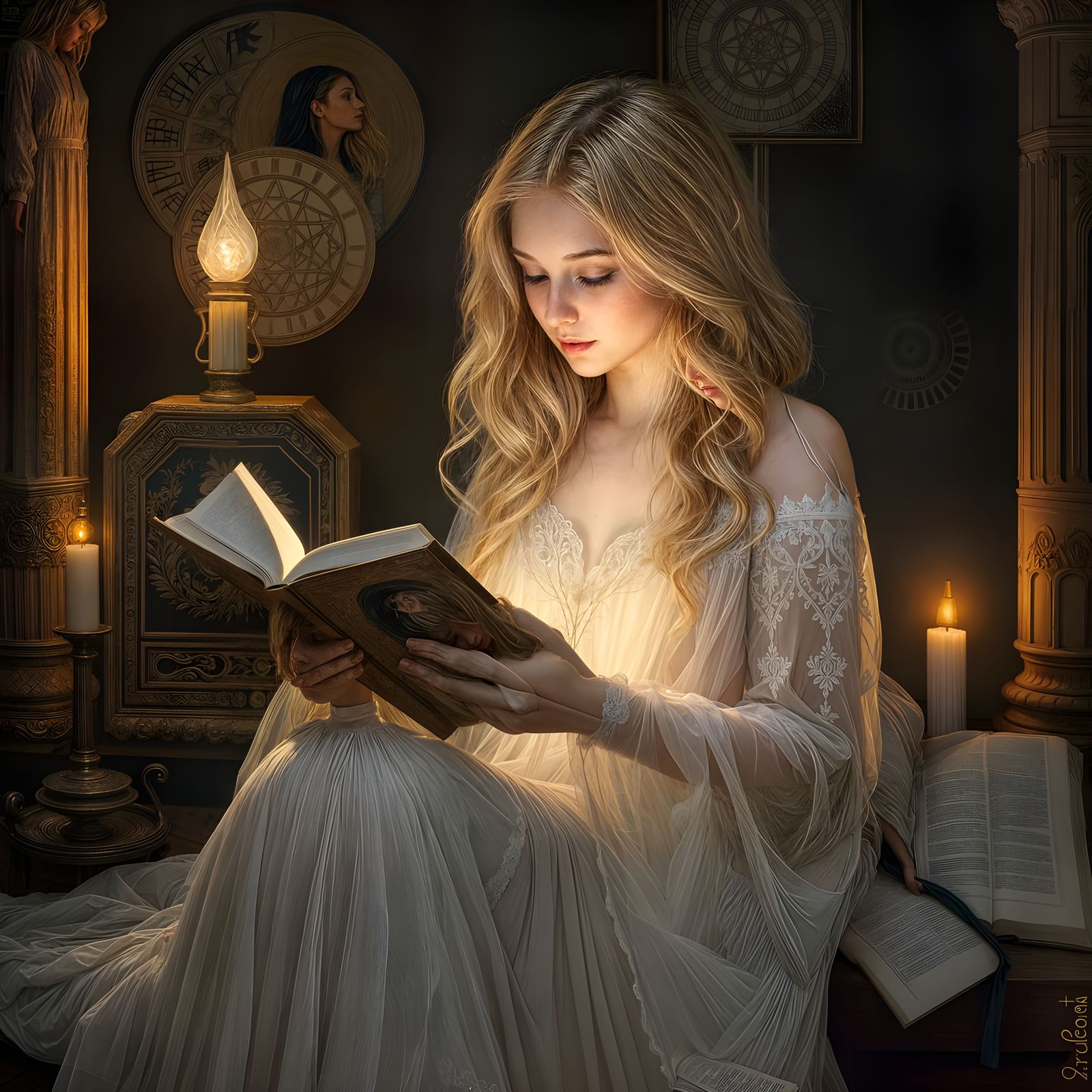 Blonde Woman Reads Ancient Book