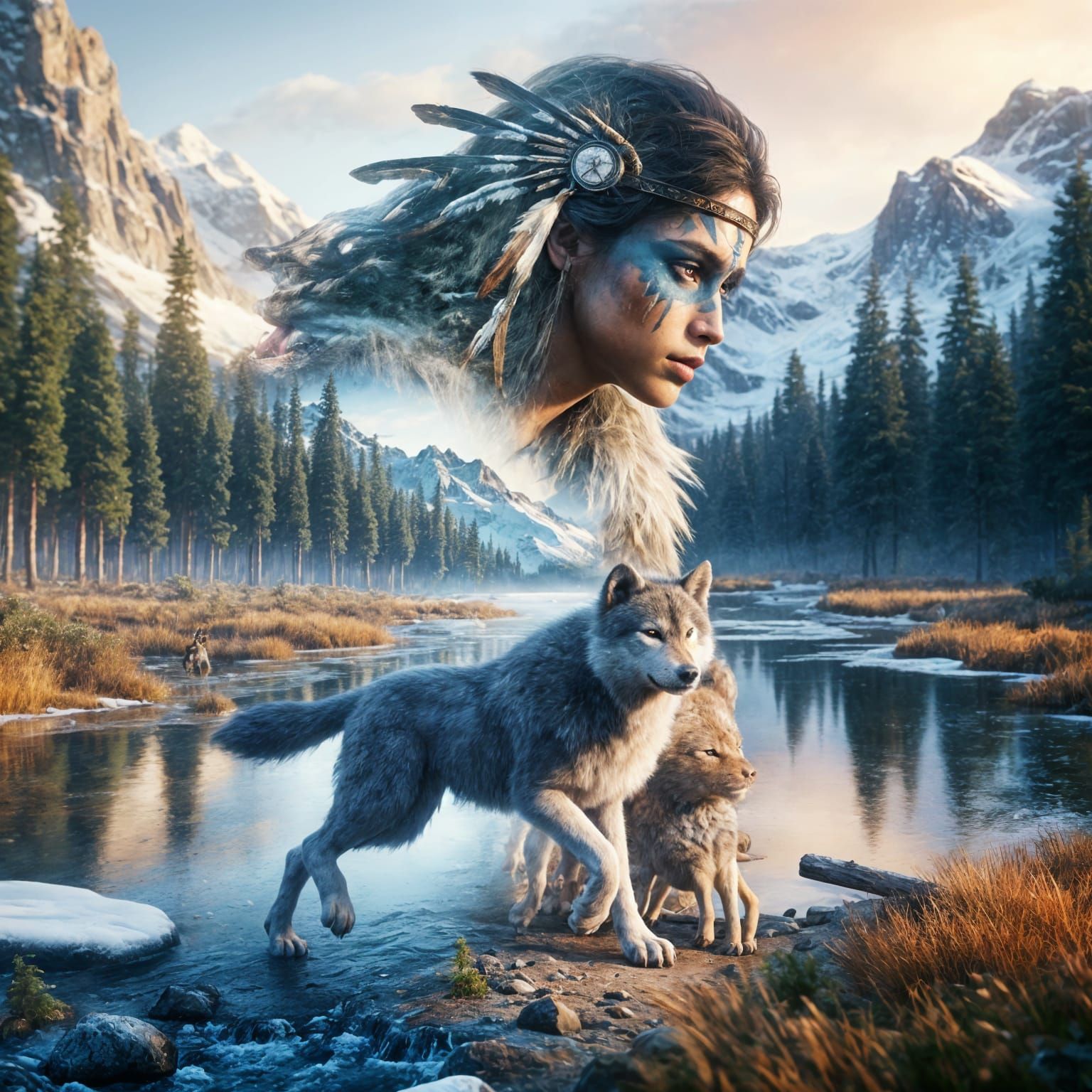 Ice Age Warrior and Wolf Pup: Double Exposure Portrait
