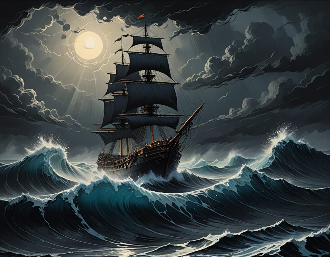 Ship Battles Stormy Seas in Woodcut Style