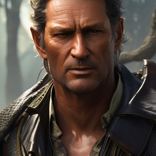 Hyperdetailed Crocodile Dundee Concept Art in Art Nouveau St...