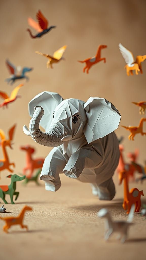 Vibrant Origami Wonderland with Elephant Friends