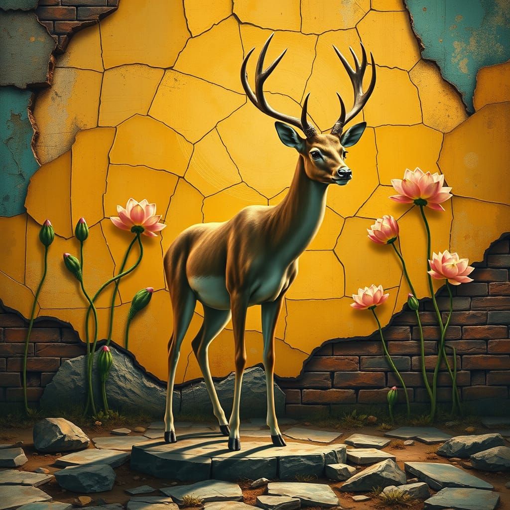 Surrealist Deer in Dreamlike Landscape with Geometric Textur...