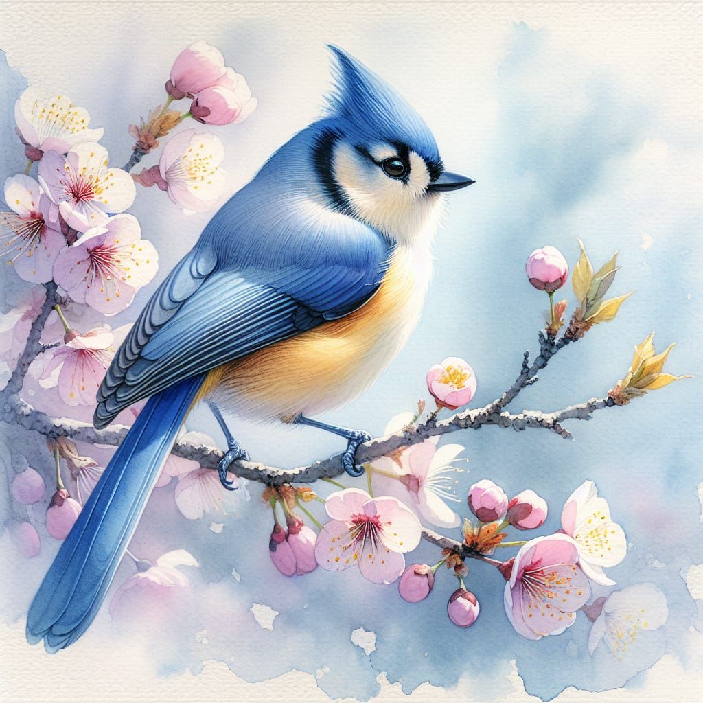 Watercolor Portrait of a Blue Tufted Titmouse