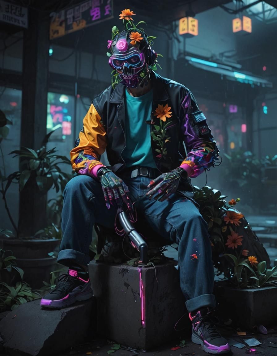 Neon Skeleton in a Cyberpunk Garden
