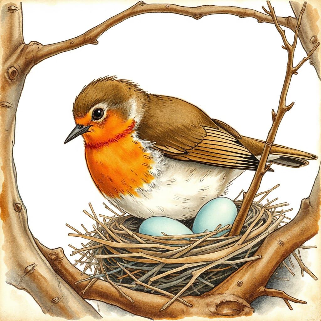 Robin Mother and Eggs in Storybook Illustration