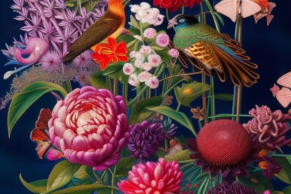 Ornate Plants, Birds and Butterfly in Deep Colors