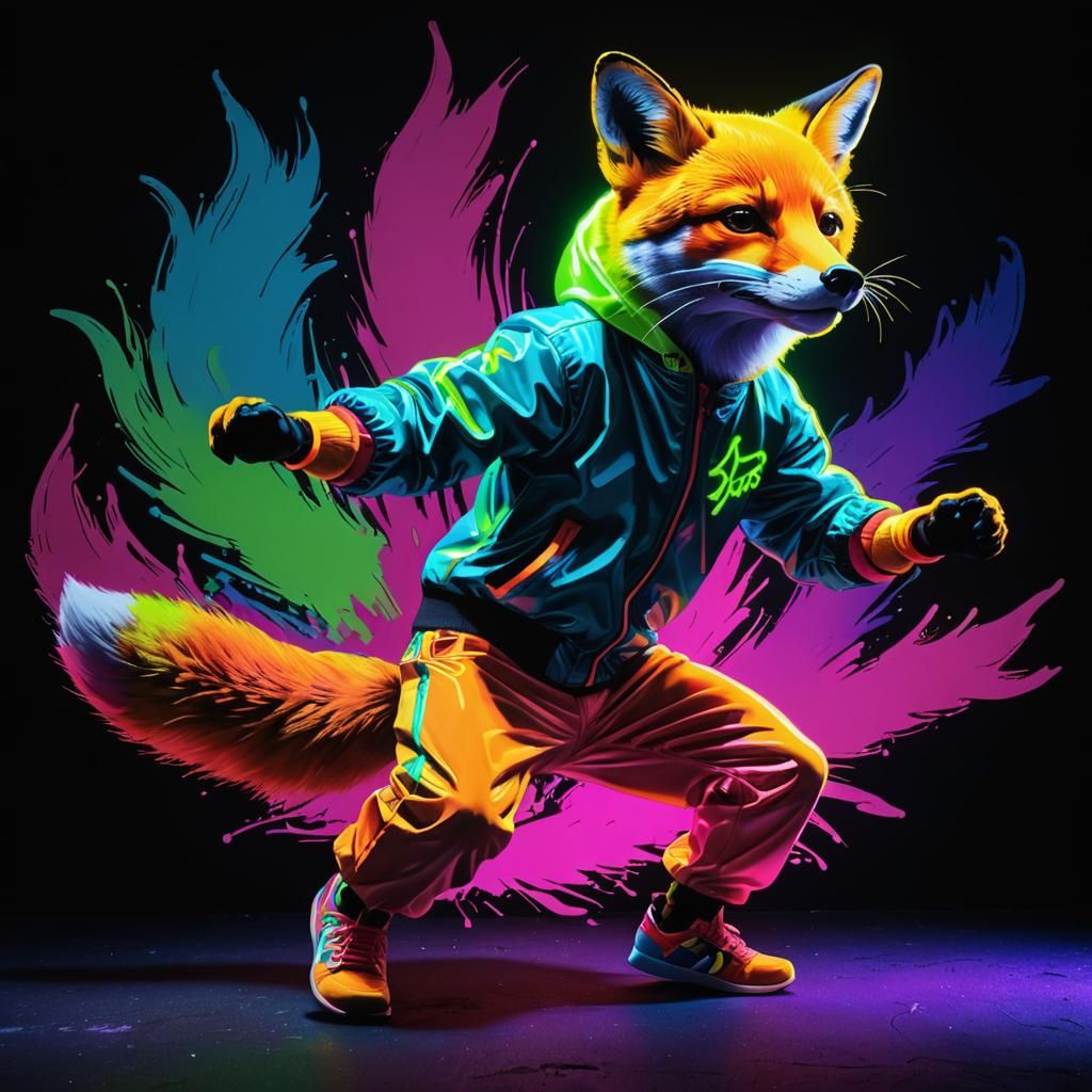 Pop-Art Fox Breakdancing in Fluorescent Neon