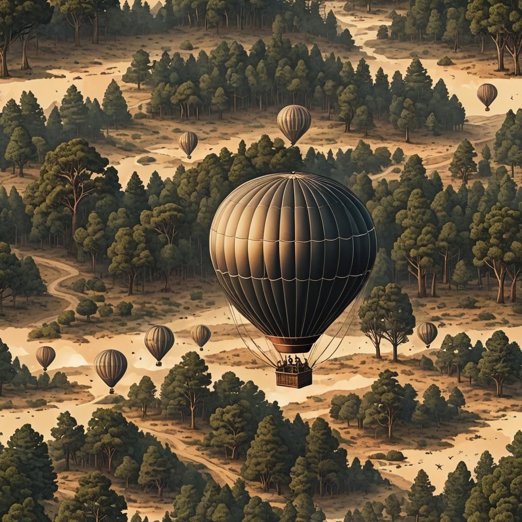 Vintage Hot Air Balloon Sunset Landing in Mythic Forest