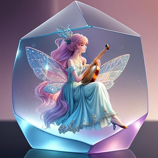 Fairy Harpist in Glass Cube, High Fantasy Art