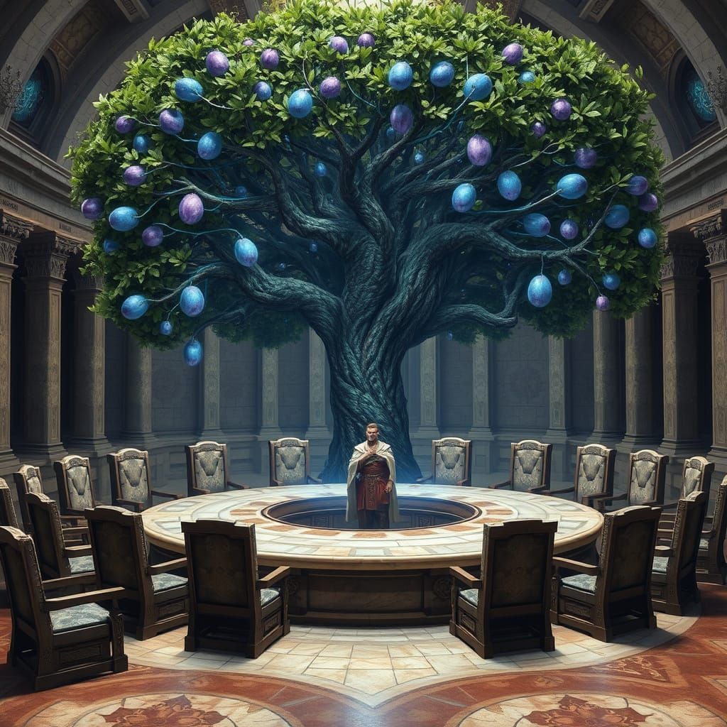 Ancient Council Chamber in Grandiose Style with Glowing Tree...