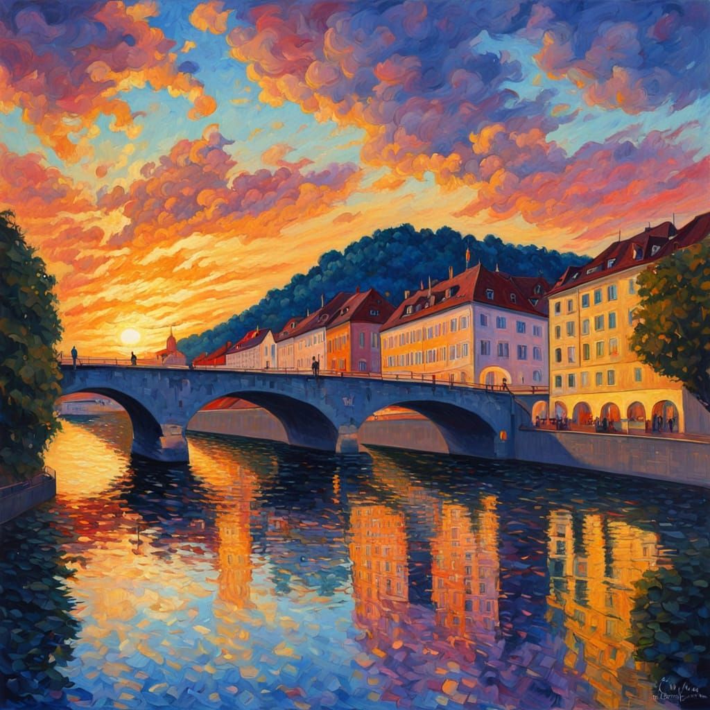 Graz Austria Sunset in Neo-Impressionist Style