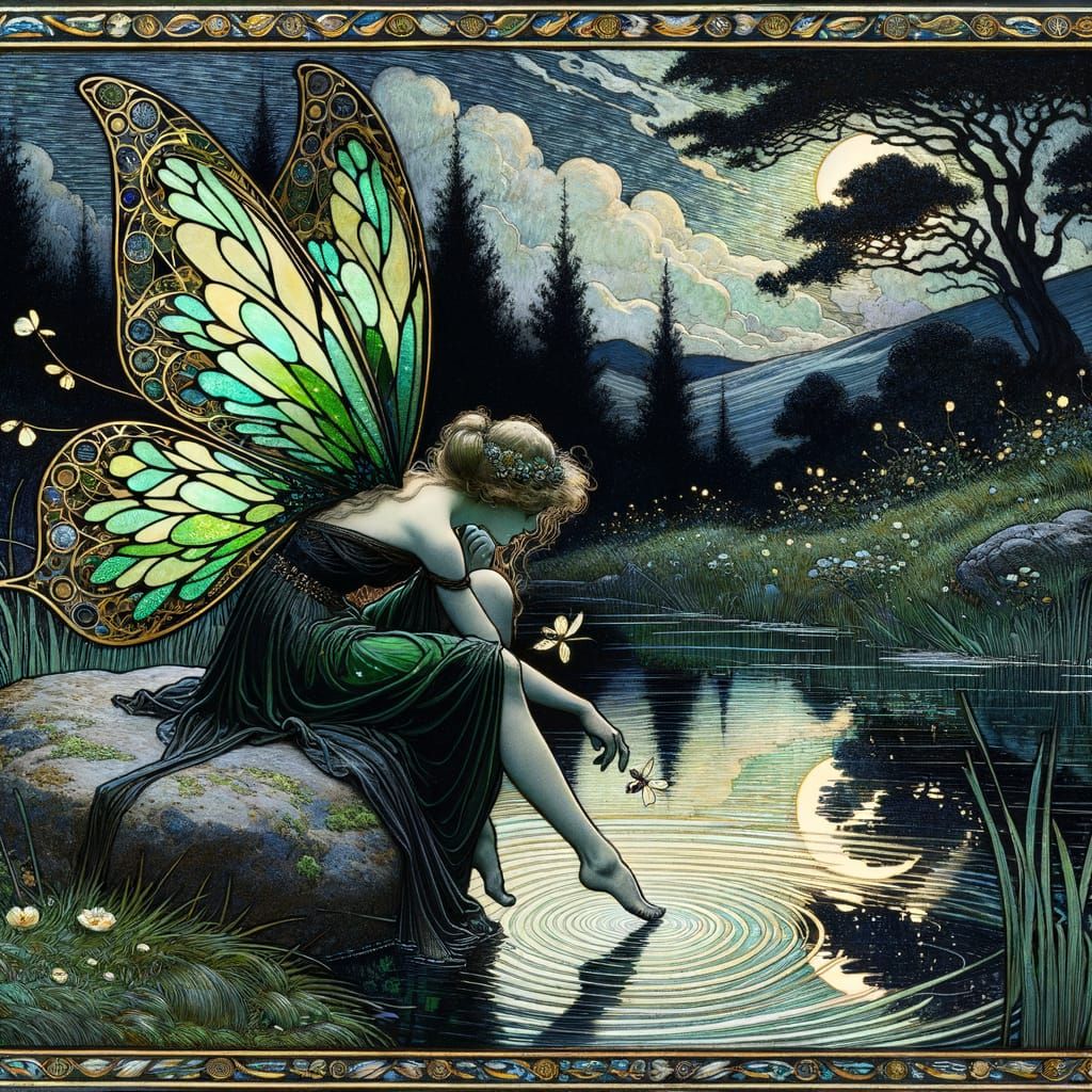 Melancholic Fairy by Pond in Irish Meadow