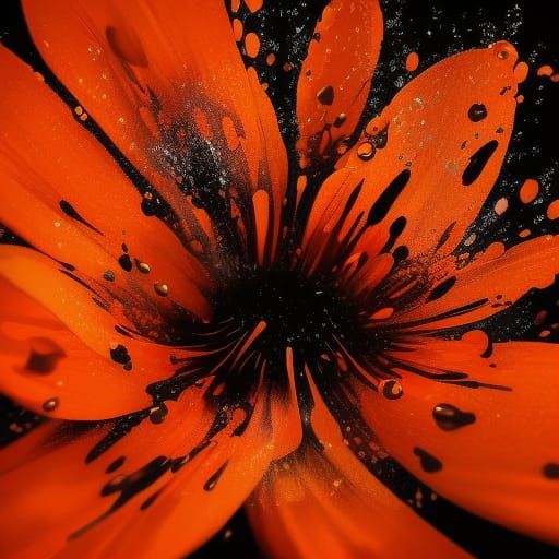 Hyperrealistic Black and Orange Flower Splash Art