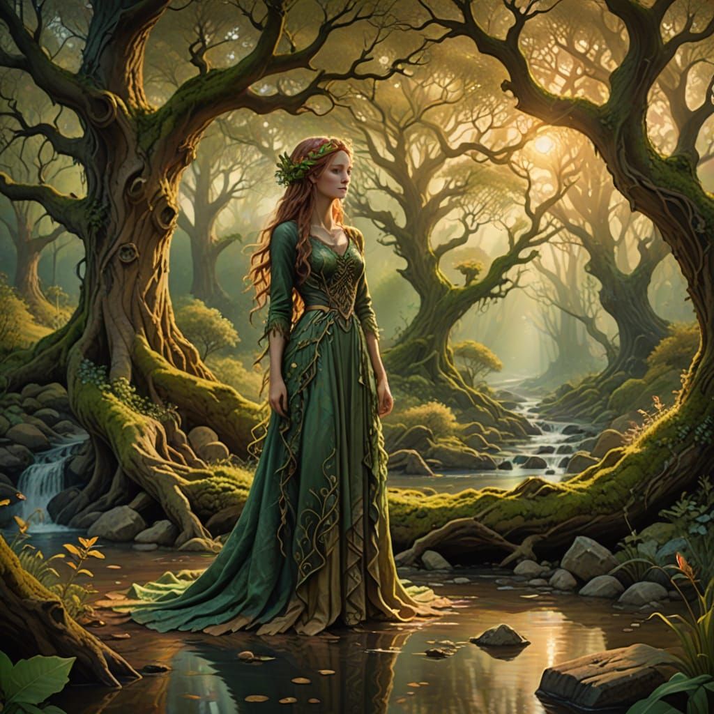 Mystical Dryad Amidst Oak Tree and Treasure