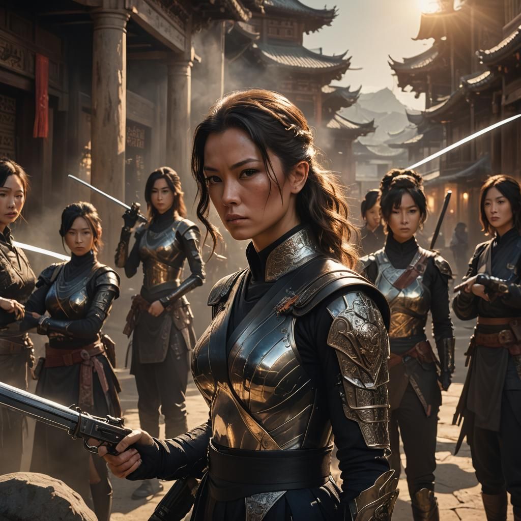 Beautiful ninja women with swords sinister by Greg Rutkowski Epic cinematic brilliant s...
