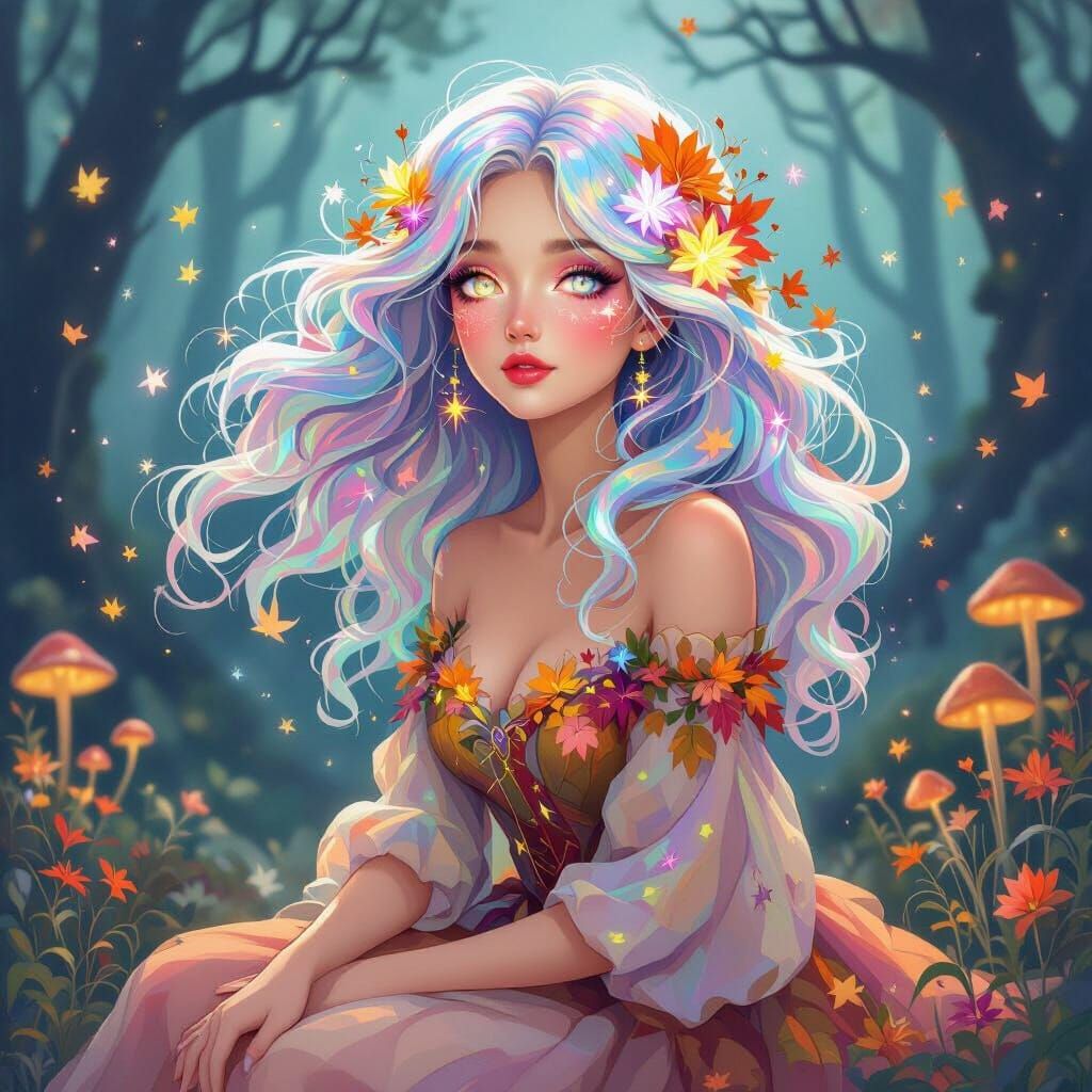 Whimsical Autumn Woman with Iridescent Hair and Glowing Flow...