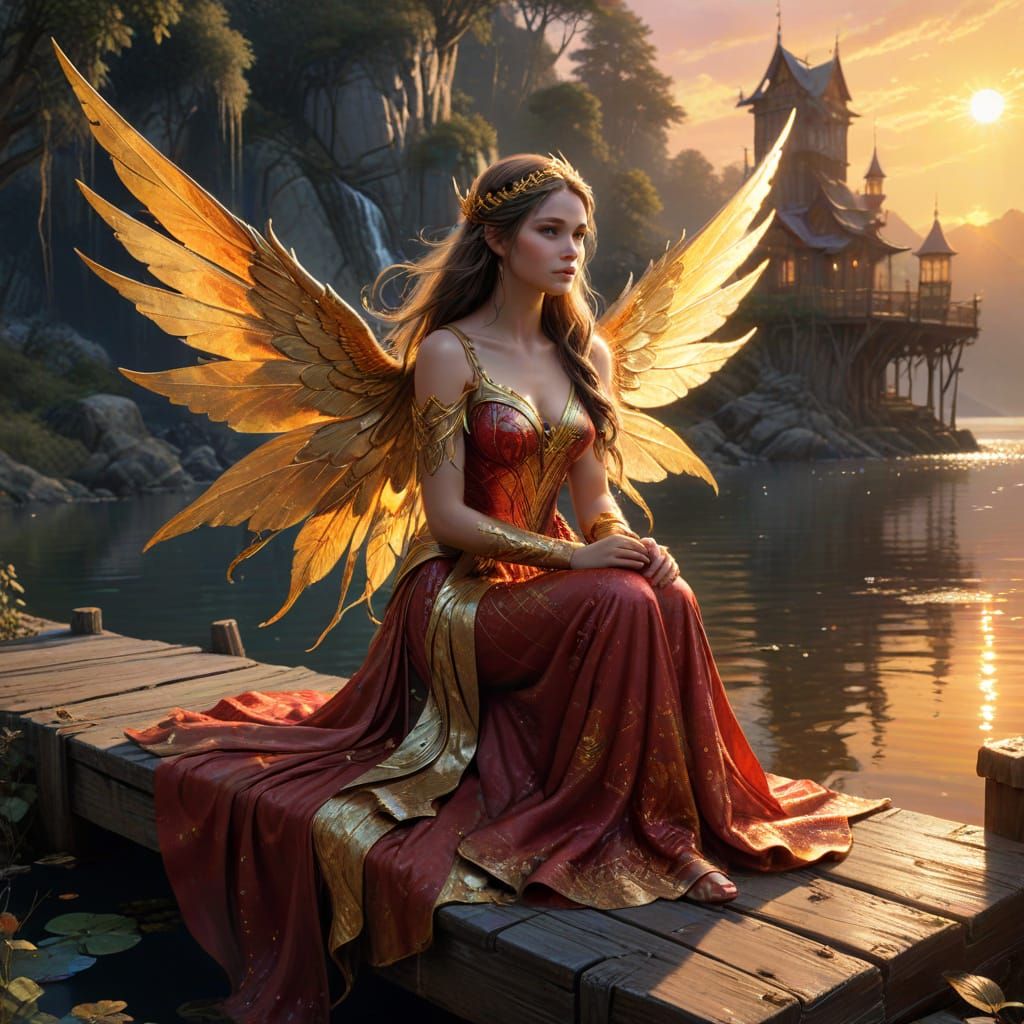 Fairy Princess on Dock at Sunset, Matte Painting