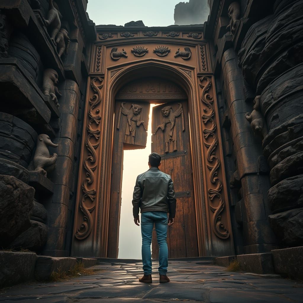 Ancient Doorway and Solitary Figure in Twilight