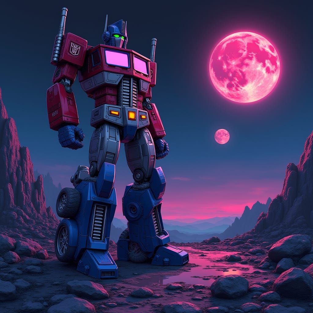 Optimus Prime Walks on Cybertron in Synthwave Style