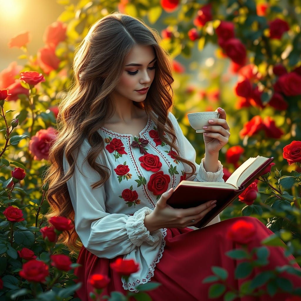 Romantic Portrait of a Beautiful Woman in a Vibrant Garden