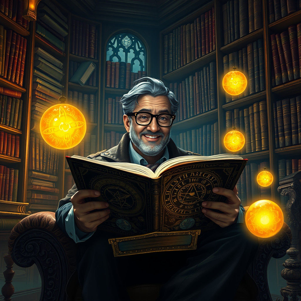 Scholar Reading Mystical Book in Ornate Study