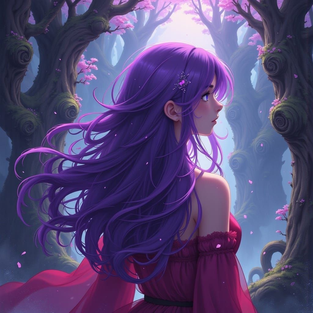 Girl with Vibrant Purple Hair in Dreamlike Fantasy Environme...