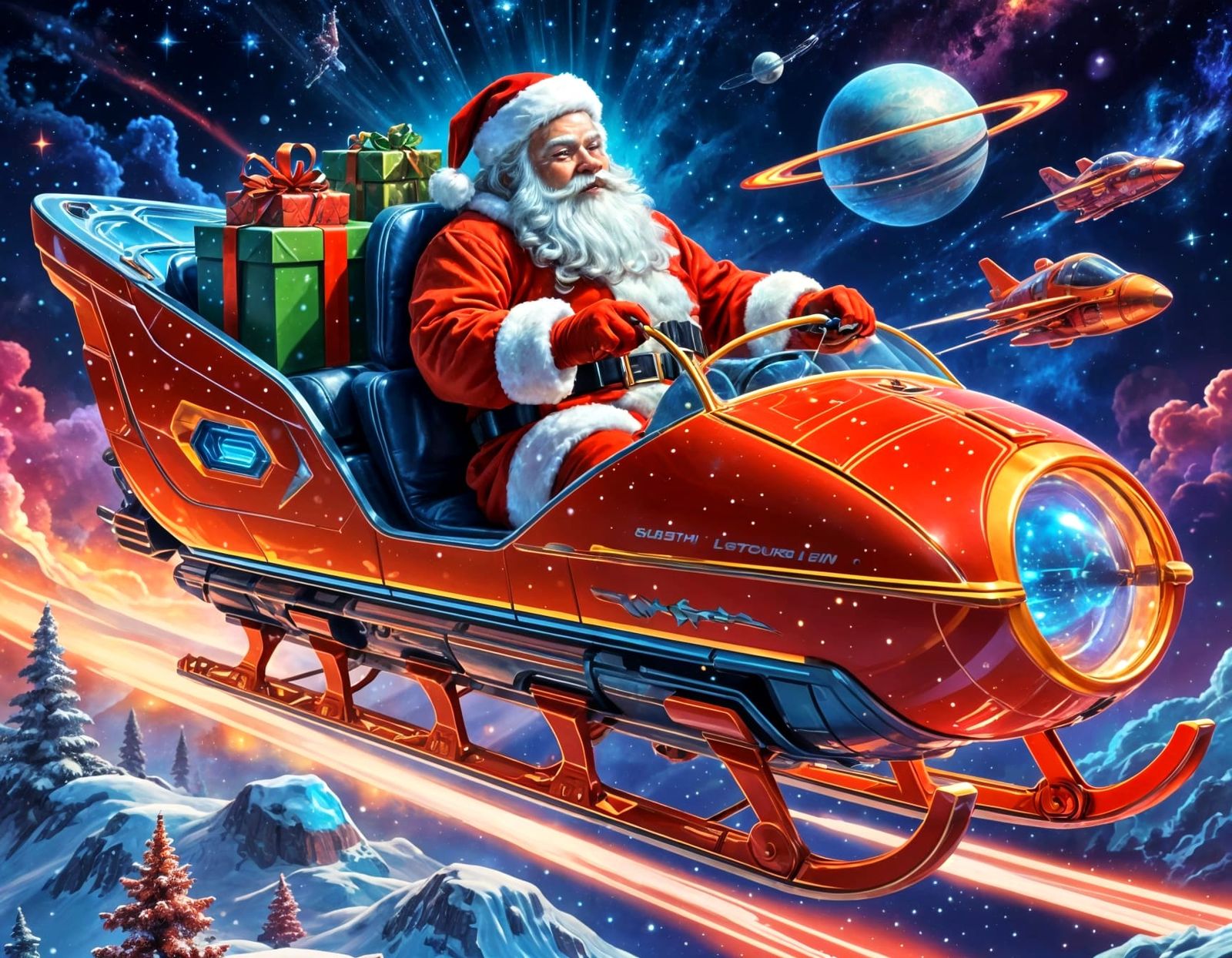 Retro Futuristic Googie Sleigh Soaring Through Space