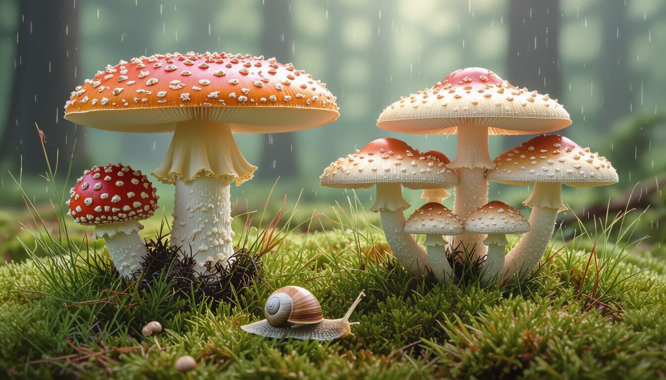 Botanical Engraving of Bioluminescent Forest Mushrooms