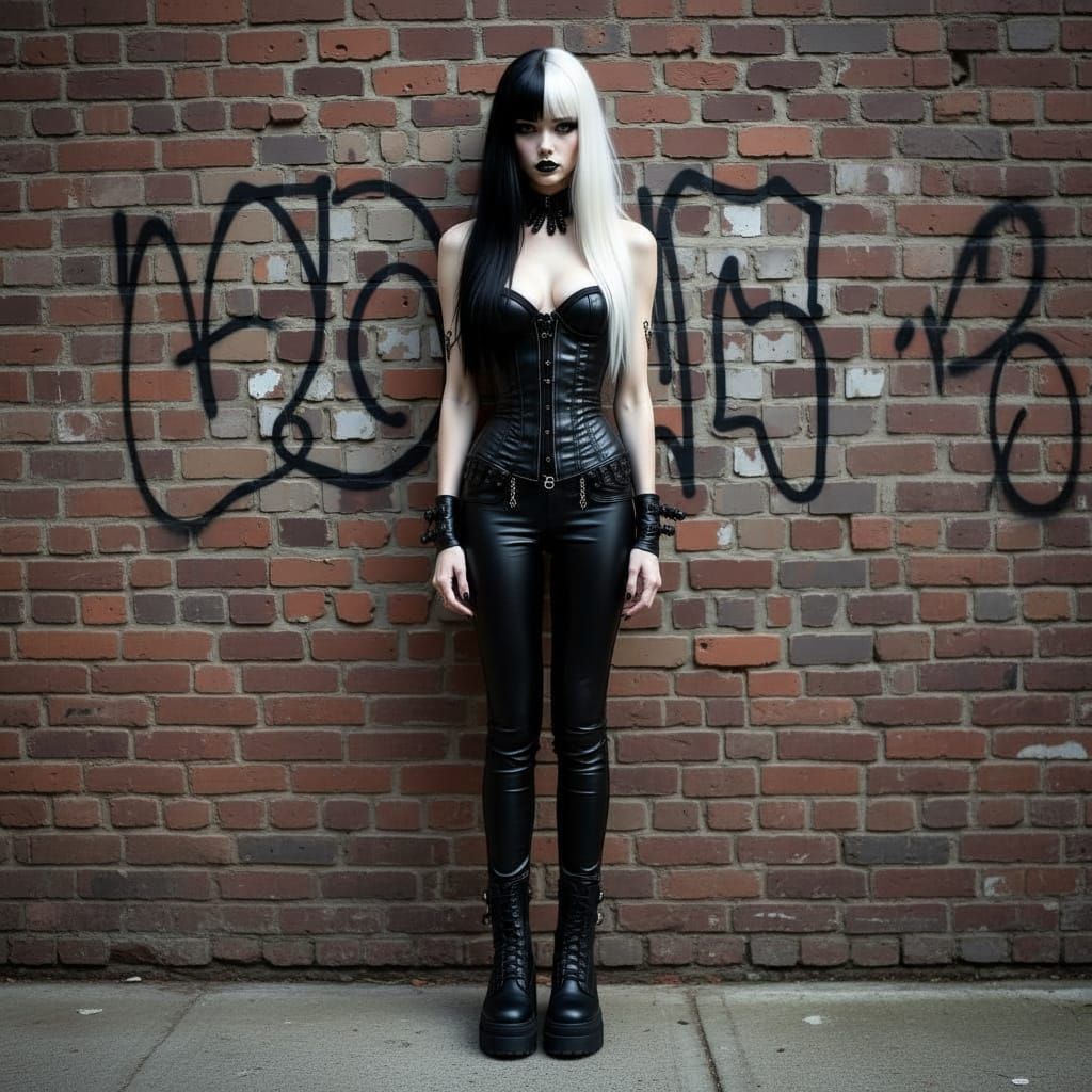 Goth Woman Poses Against Graffiti Wall