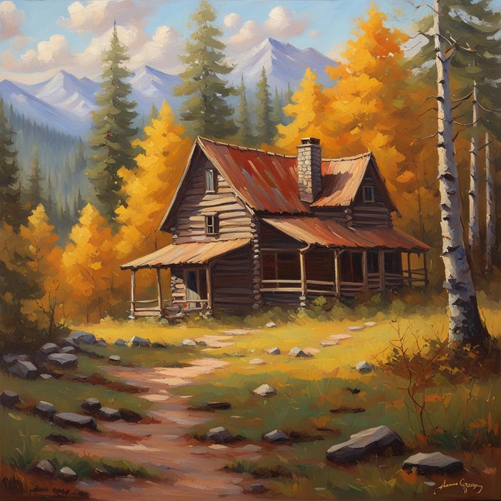 Cabin in Forest: Oil Painting