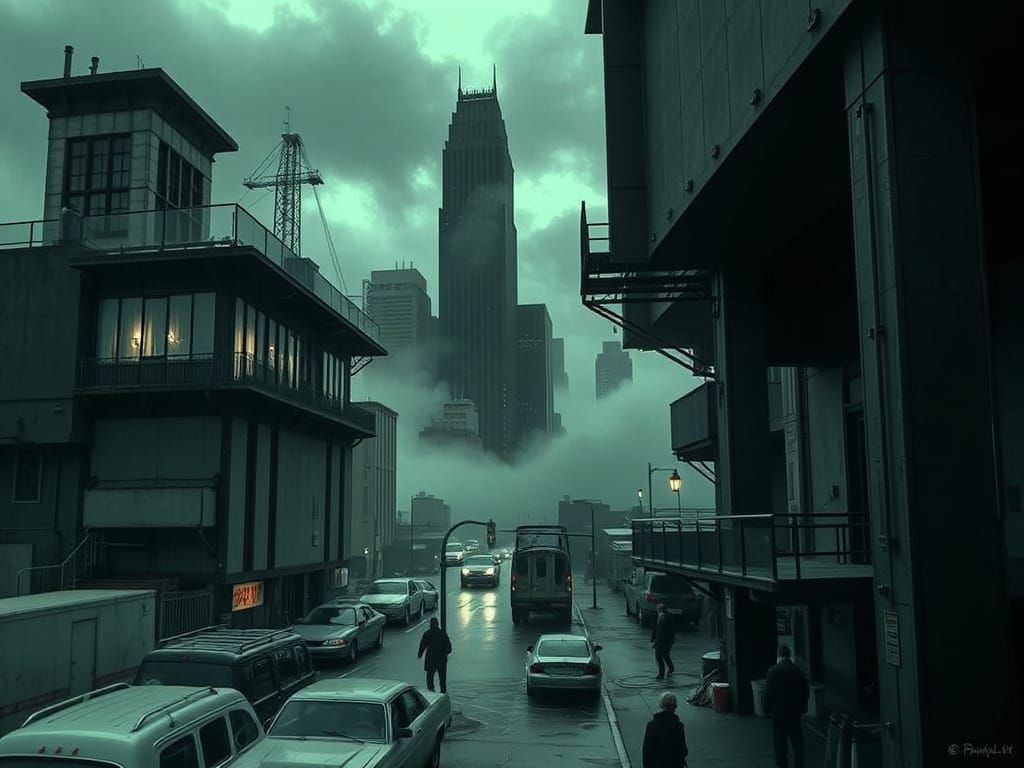Gritty Emerald Cityscape in Film Noir Style