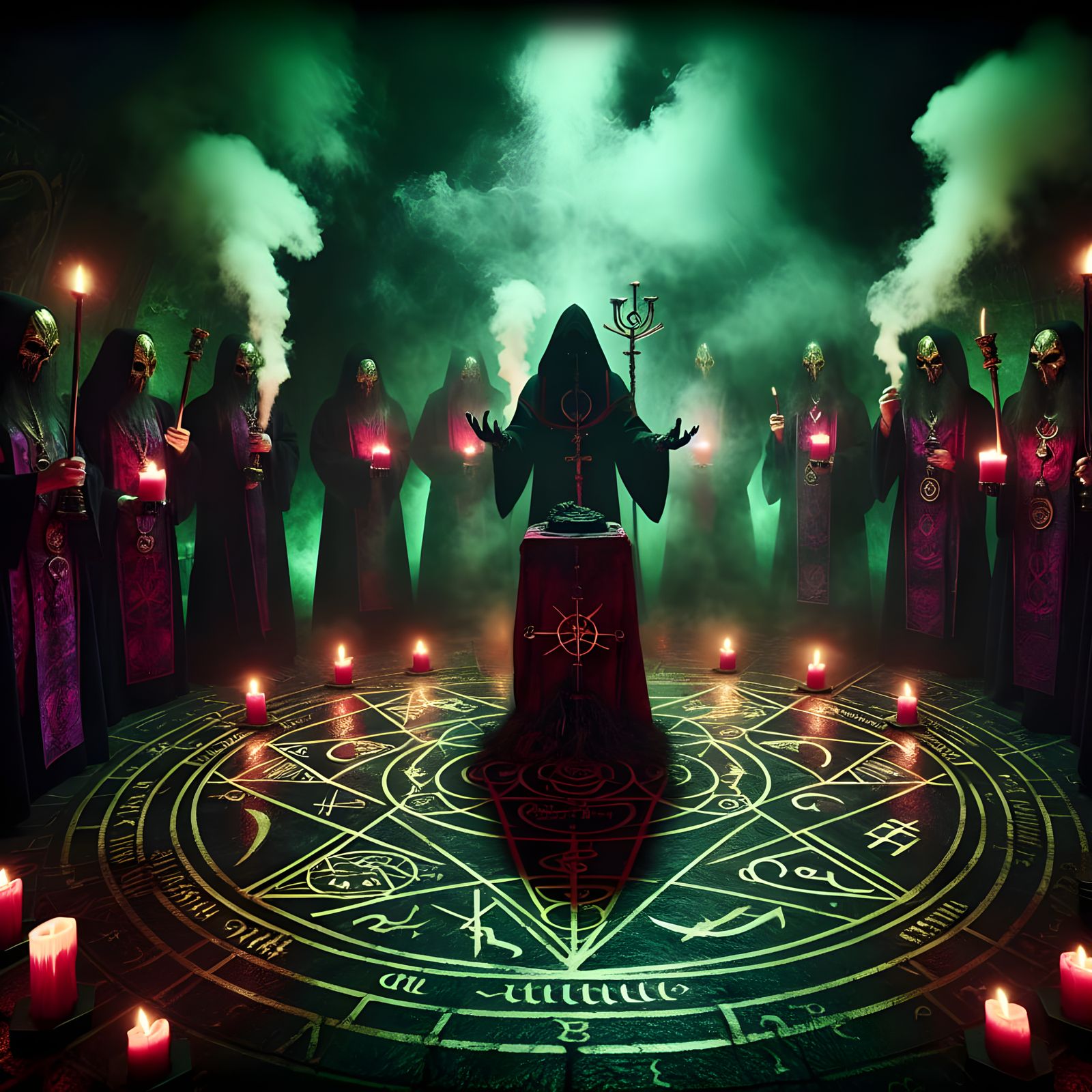Eerie Thelemic Ritual Chamber with Figures in Robes