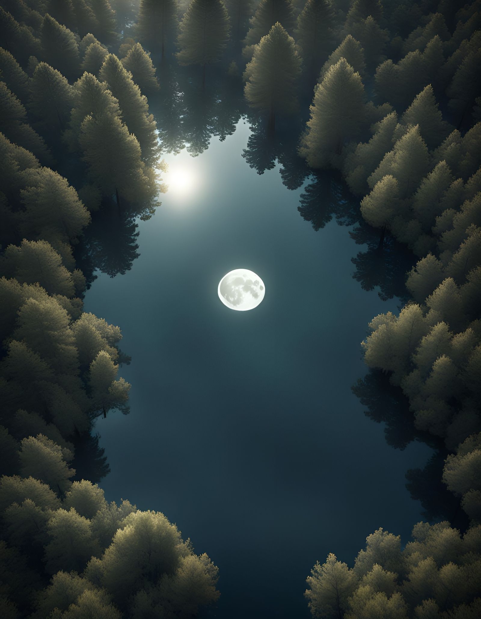Moon Reflection in Forest Pool: CGI Fine Art