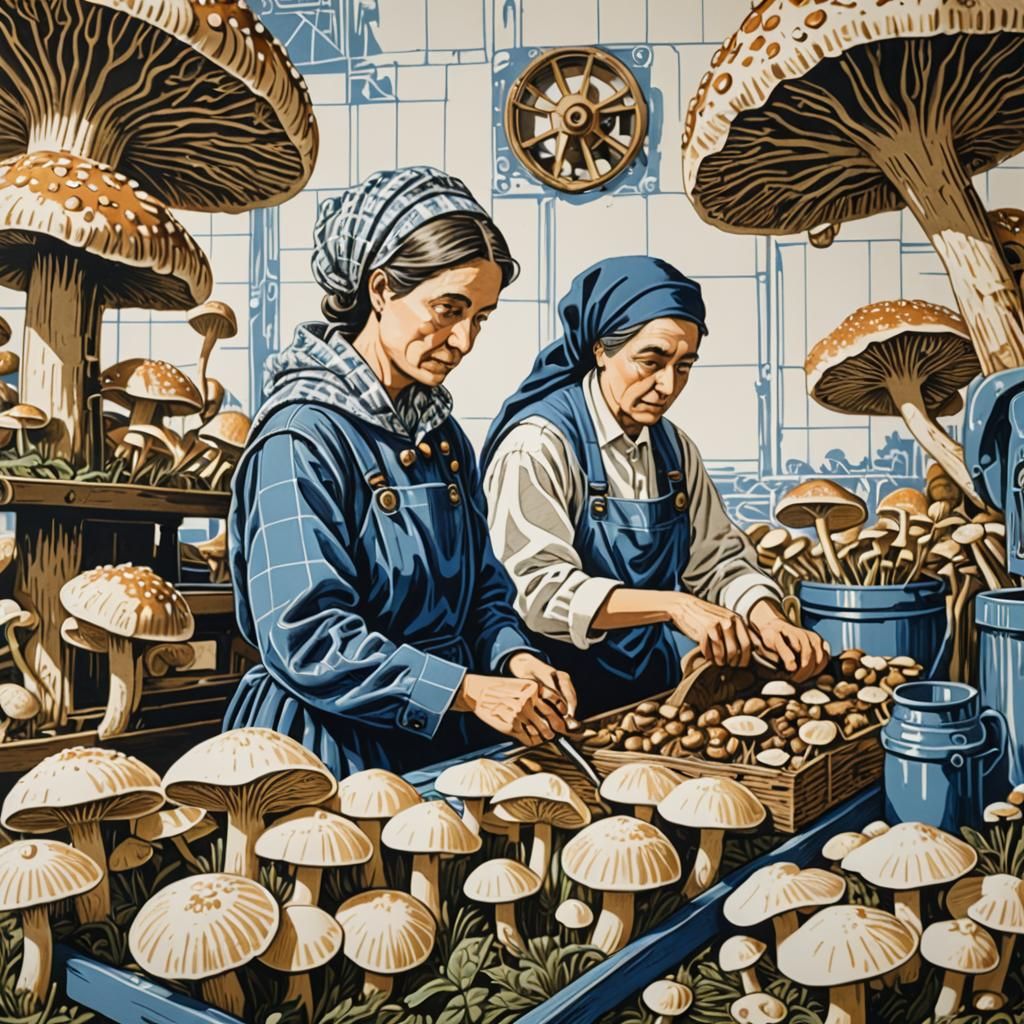 Mushroom Harvesters: A Linocut Art Still Life