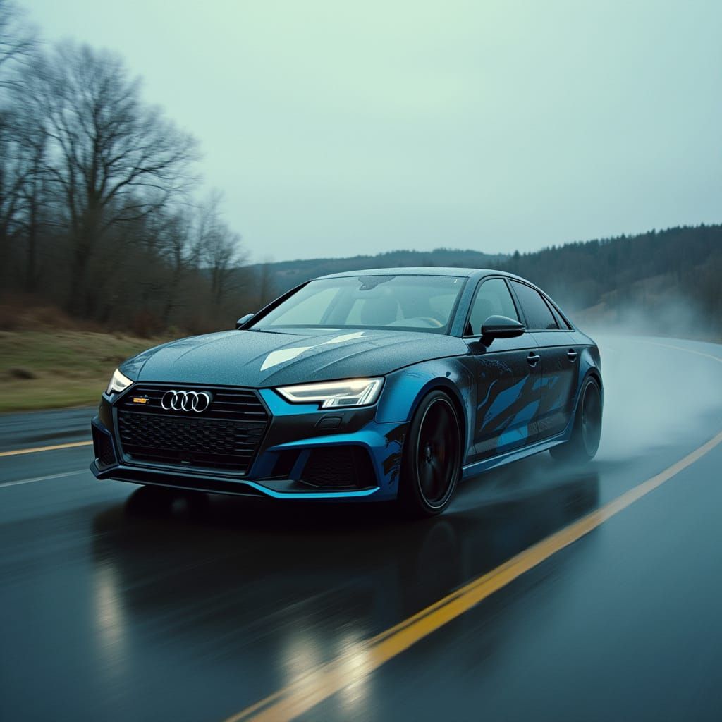 Audi S4 Speeding on Wet Road: Cinematic Film Still