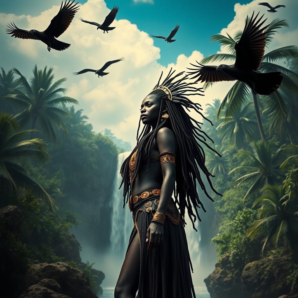 Ebony Warrior Amidst Tropical Waterfall and Palm Trees